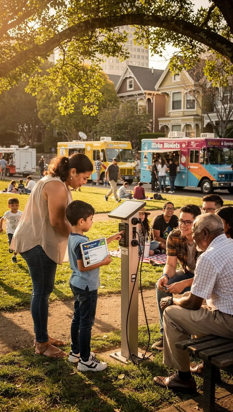 Students using tablets and laptops in a bright classroom equipped with advanced technology tools.