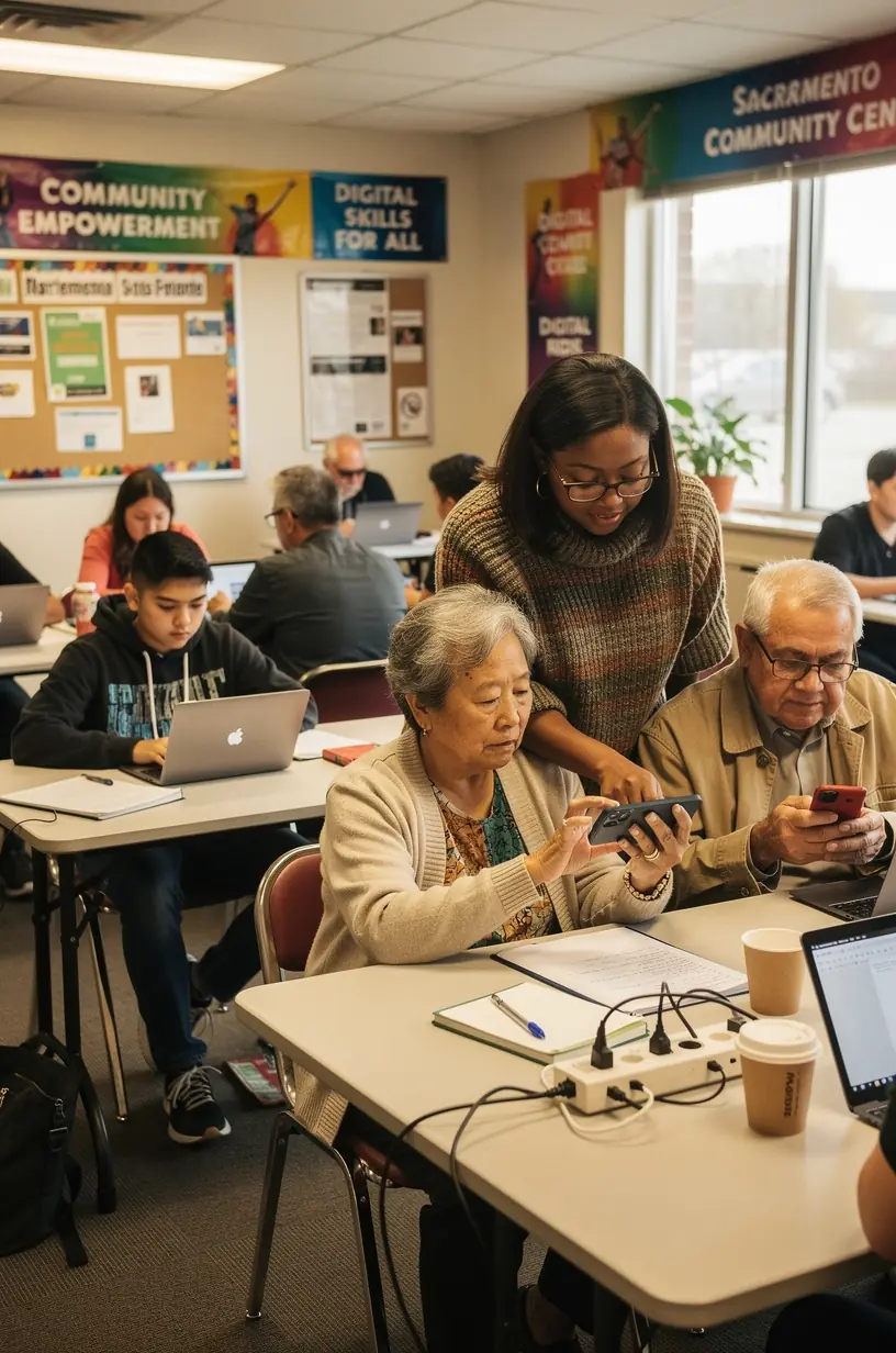 A city district showcasing smart traffic lights and digital signage improving urban mobility and safety.